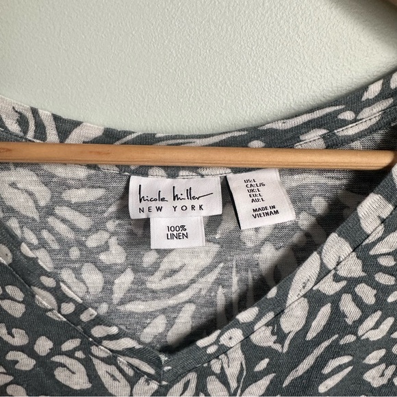 Nicole Miller Linen Tunic L Multicolor Cap Sleeve Oversize Boxy V Neck Summer - Picture 3 of 6